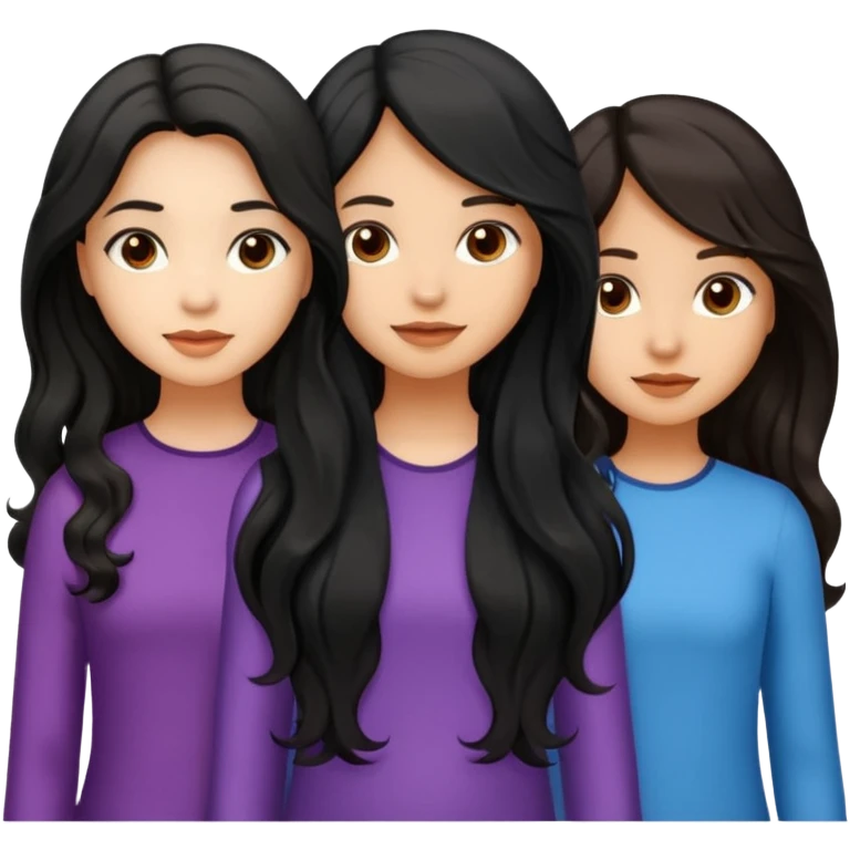 create a trio emoji girl with the first girl with a long black wavy hair with a light skin and the second girl with an mid length wavy hair with a little bit of brown color with light morena skin and the last with long black straight hair with light morena skin emoji