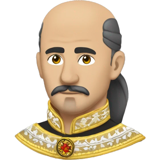 a Cossack warrior, The Cossack has a shaved head and a long strand of hair on one side. He has a thick, curved mustache and wears a gold earring in his left ear. He is wearing a simple Ukrainian embroidered shirt emoji
