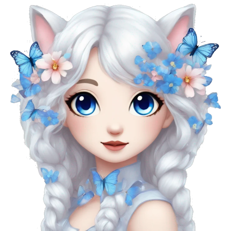 Edgy Cute Cool Kawaii gorgeous sparkly ethereal white fantasy animal with blue eyes sona with flowers and butterflies beautiful aesthetic emoji