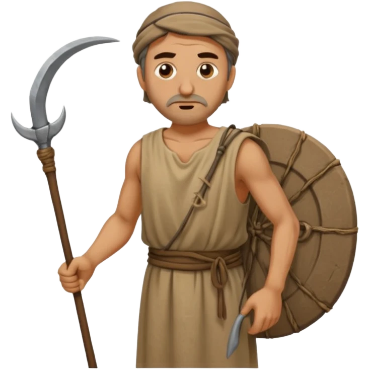 Emoji portrait of a Greek peasant. Rough chiton dress, holding a scythe, tired expression. emoji