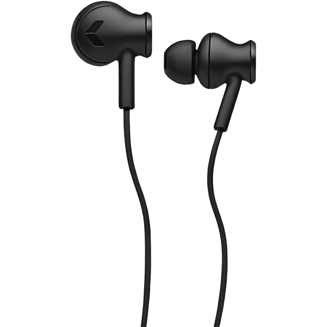 Minimal emoji, simple wired earphones sculpted from matte black metal, clean silhouette, fashion editorial minimalism, no motion effects, no glow, no neon, flat emoji style, centered, transparent background emoji