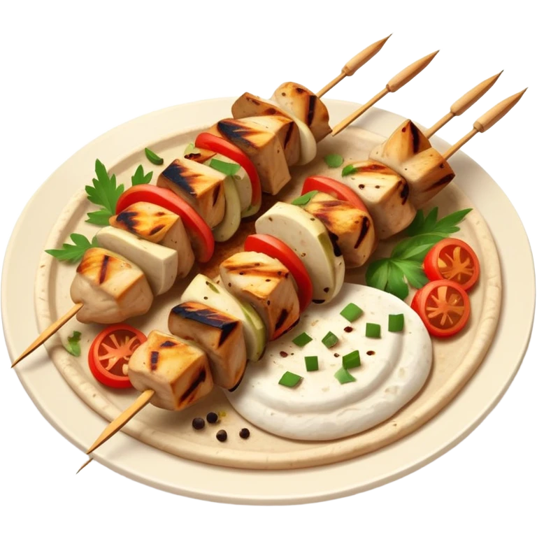 cinematic-realistic-souvlaki-dish-emoji,-showcasing-skewered,-grilled-chicken-with-mediterranean-spices-rendered-with-dynamic-textures-and-warm,-appetizing-lighting on pita bread on a plate emoji