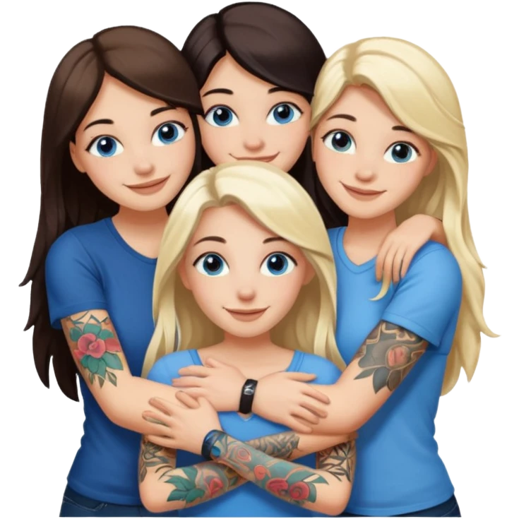 four white girlfriends hugging and smiling    2 women with brown eyes and long dark  hair. Two women with blue eyes and light blonde hair. They like tattoos and getting in trouble  emoji