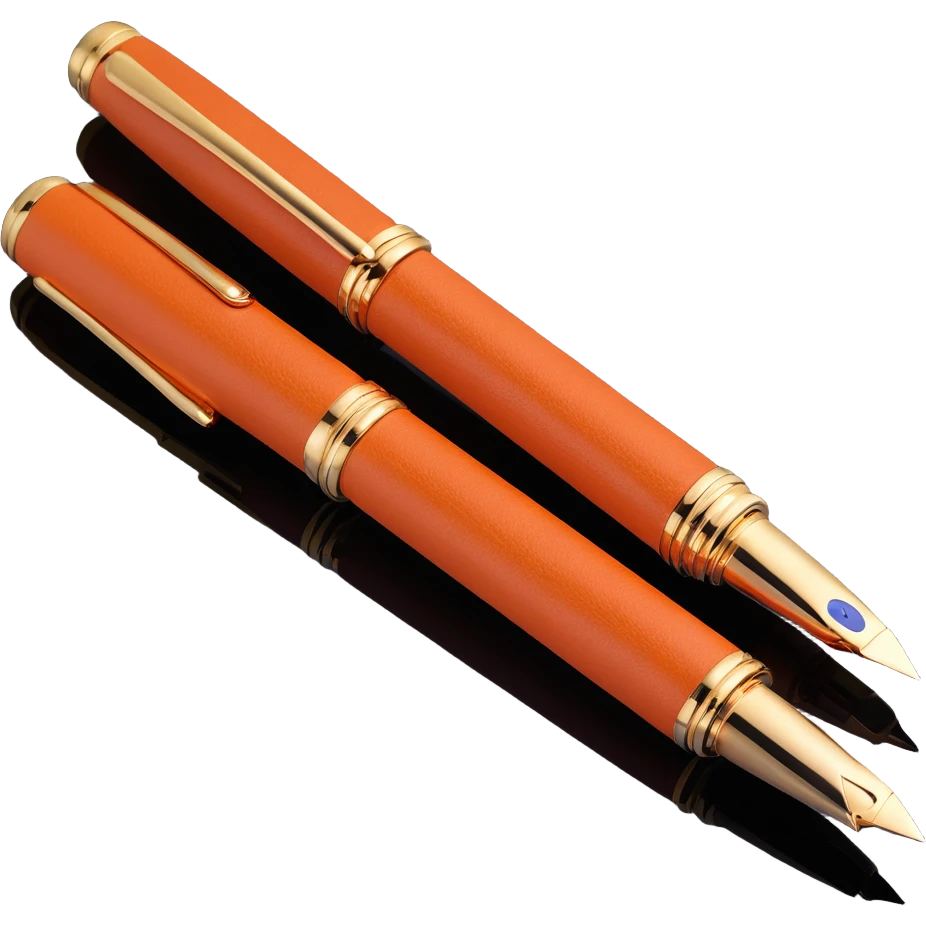 luxury 3D fountain pen, brown leather body, Hermès orange stitching, gold clip, elegant, no text emoji