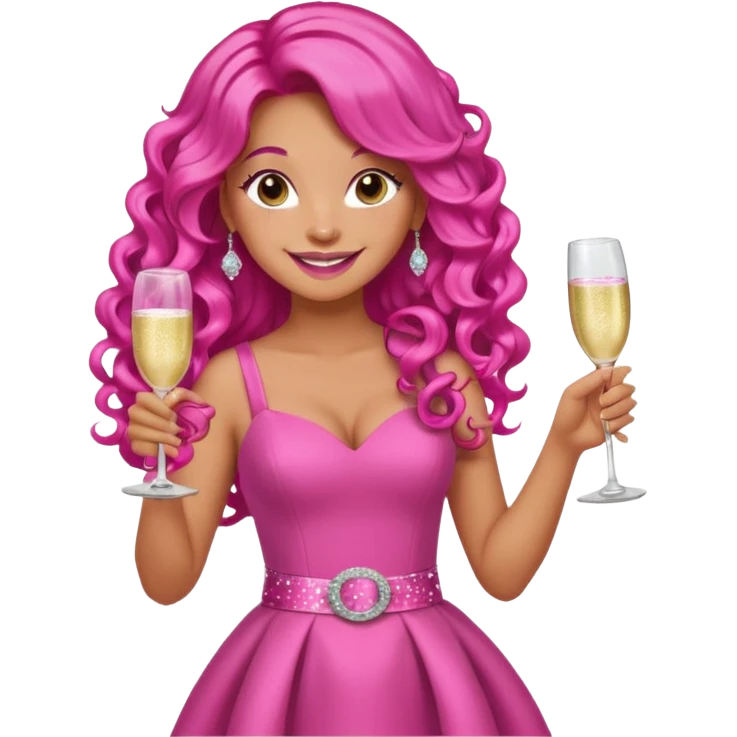 One lady with long hot pink curled hair and tan skin wearing a pink dress with sparkly belt holding a glass of pink champagne in each hand smiling cheerfully  emoji