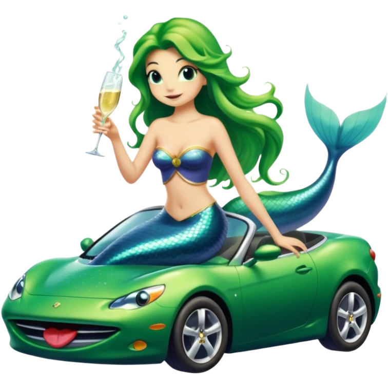 A frog drinking champagne with a mermaid slapping its tail on a car emoji