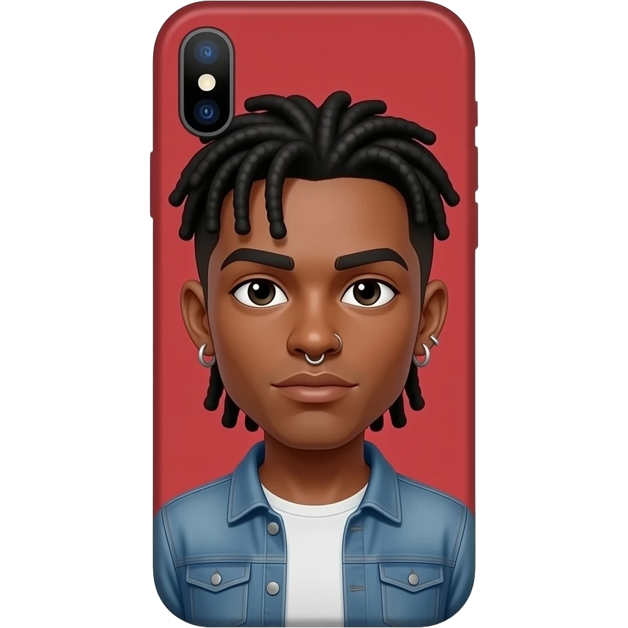 Cria um emoji de uma pessoa negra em forma de iphone com fundo vermelho, com piercing no nariz, na sombrancelha e brinco nas orelhas, e coloque ele de locs pequenas emoji