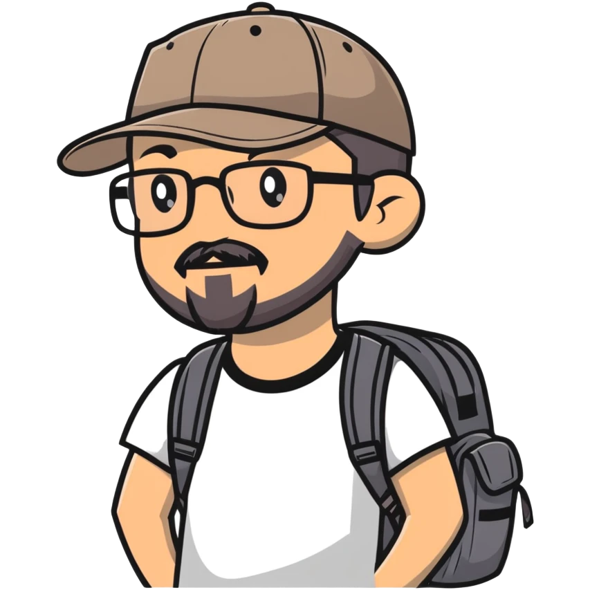 adventurer with goatee beard (no beard on cheeks), short hair, glasses, backwards baseball cap and backpack emoji