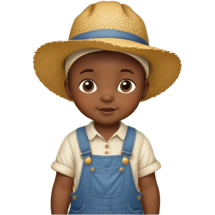 African baby in vintage countryside clothes, overalls, straw hat, chubby cheeks, rural farm setting emoji