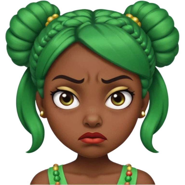 Create a 3D cartoon-style girl character with dark skin, round face, angry expression, big wide eyes, and tightly styled double buns made of green beaded hair. The girl should look irritated, eyebrows sharply angled, and lips pressed in a frown. emoji