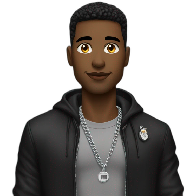 An Birmingham strong male wearing silver chain on a black jacket,cool,style emoji