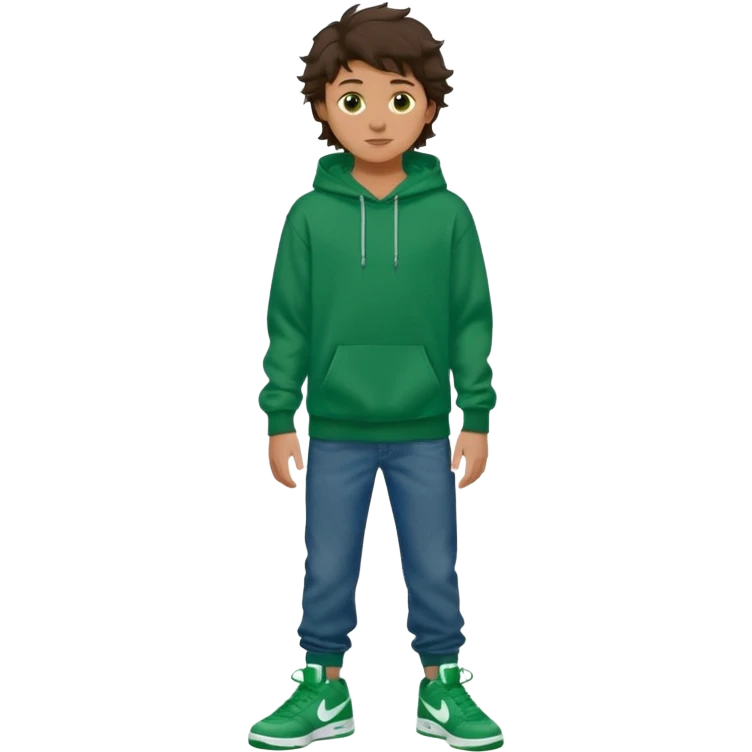 a 14 year old slightly tanned teenage boy with dark brown tousled wavy hair, dark brown eyes wearing a green tshirt, a dark green hoodie, blue jeans and green nike air jordans emoji