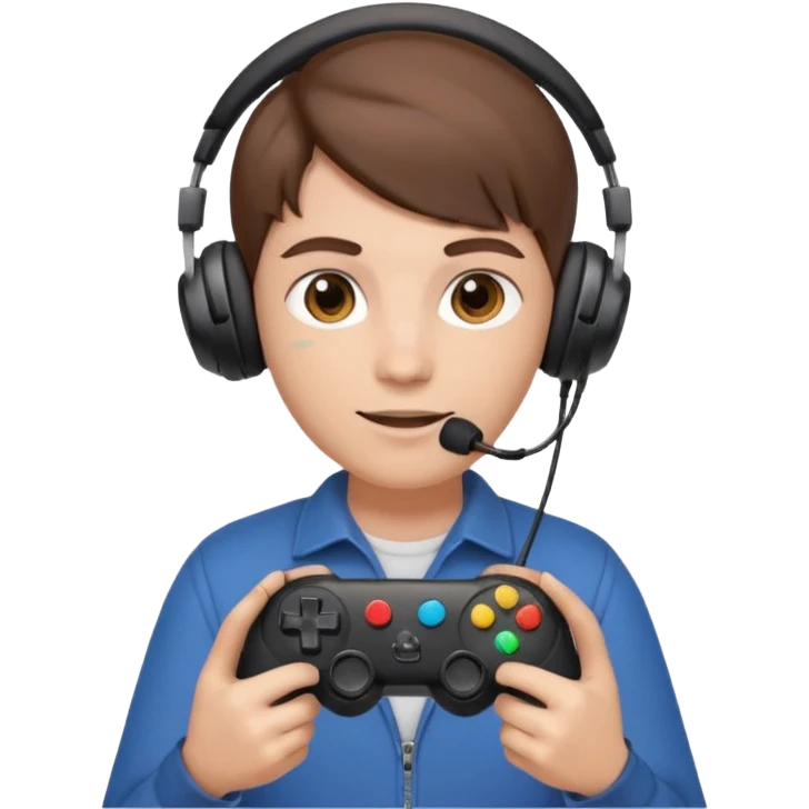 Una persona mirando al frente con un control de videojuegos y unos auriculares Gamer con micrófono emoji