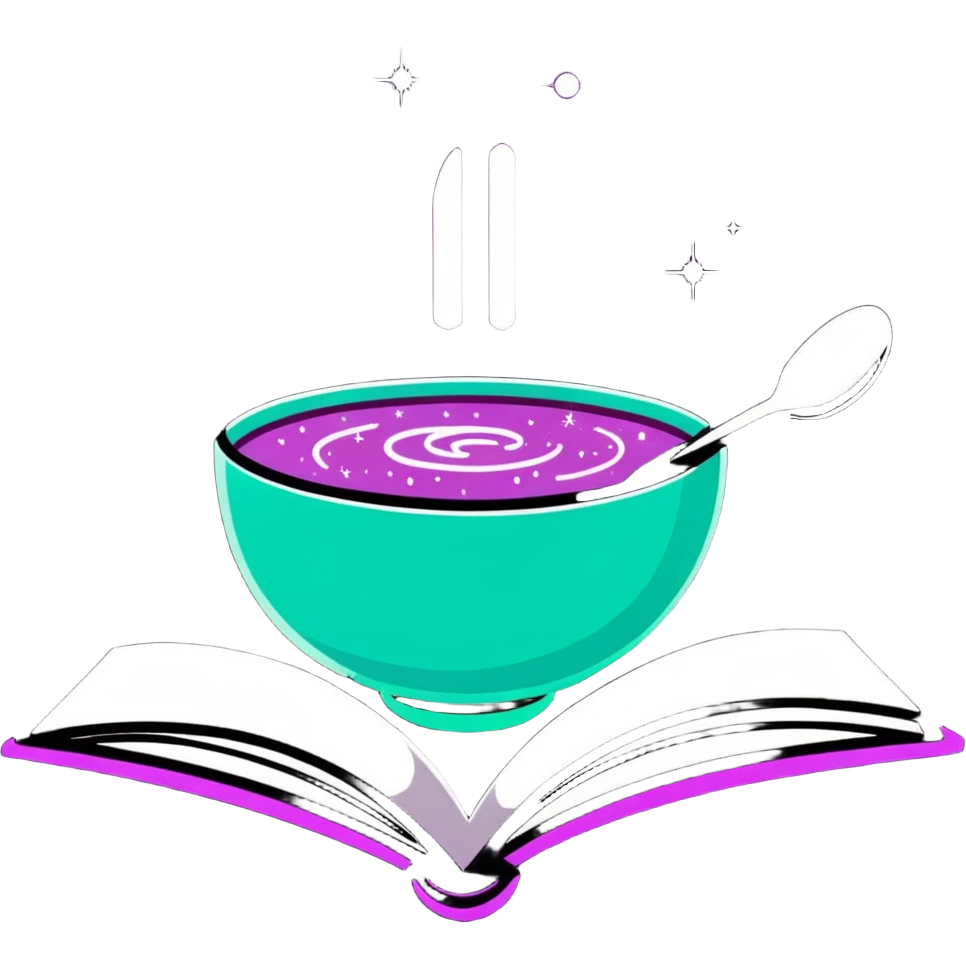 Mystical cookbook with glowing fork and spoon symbol on its cover, radiating magical light and surrounded by floating sparkles emoji