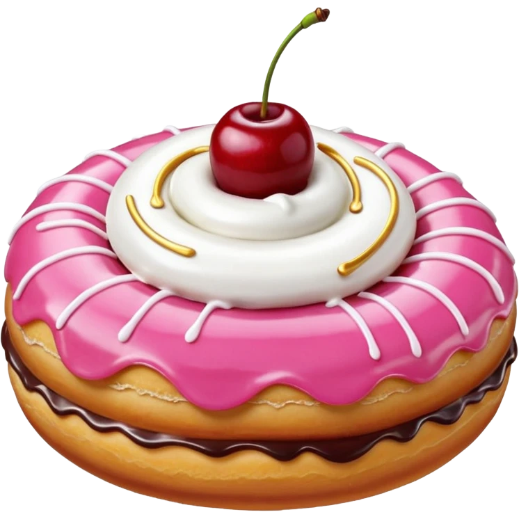 Round donut with smooth shade pink icing and thin white drizzle lines, golden-brown dough visible on the sides.
White whipped cream dollop in the center topped with a glossy red cherry and stem, clean studio lighting, pure white background, realistic minimal emoji-style. emoji