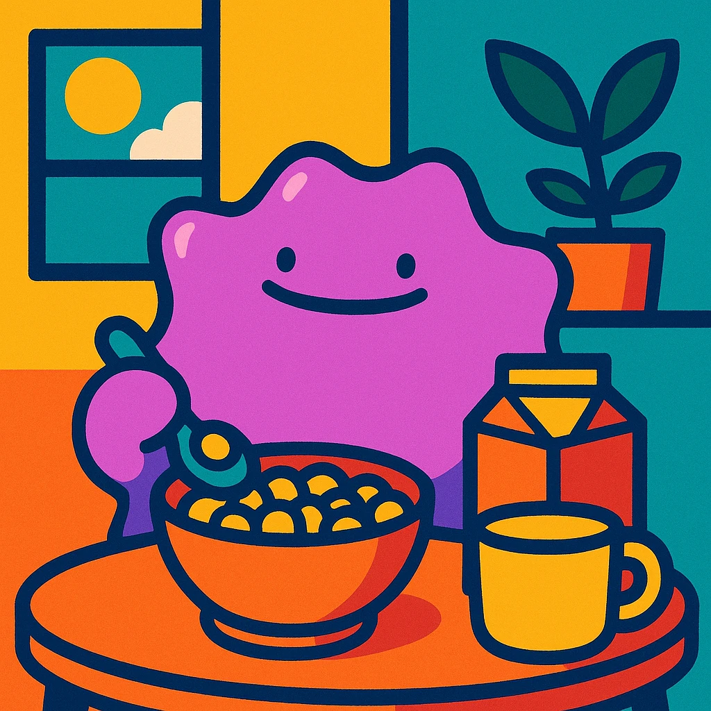 Ditto desayunando, ilustración colorida y simpática emoji