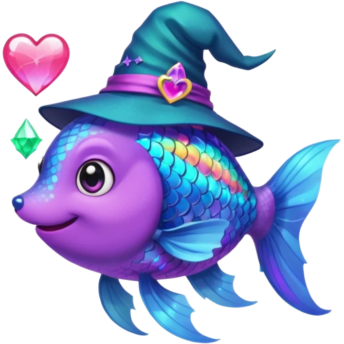 Make the rainbow fish glow with a magical aura and change the blue fox to a neon teal color, keep the purple sparkly witch hat, magical background, and big pink heart in vibrant toon style. emoji