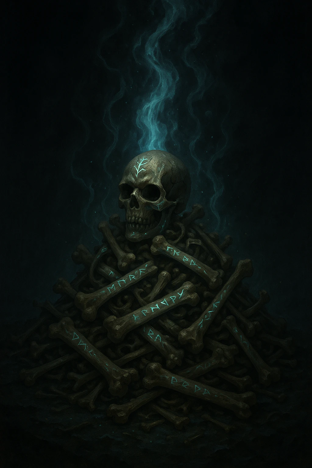 mystical pile of bones, runes glowing on the surface, supernatural energy rising, enchanted fantasy style emoji