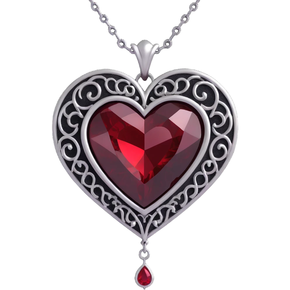 gothic heart, black velvet texture, silver chain fringe, deep red gemstone, dramatic and ornate emoji