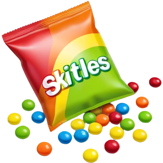 Regular rainbow-colored Skittles package with the standard logo and design, but only lime green Skittles candies spilling out emoji