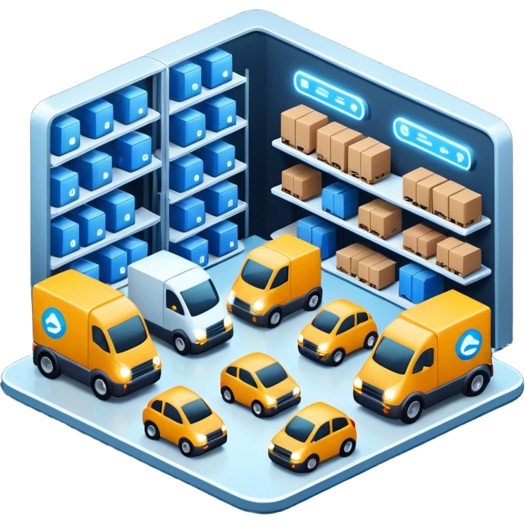 create a realistic emoji of a futuristic warehouse automation. A autonomous trucks, smart drones, and glowing data networks can be part of it as well — cinematic lighting, innovation atmosphere. emoji