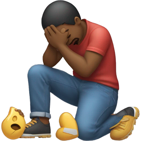 A man kneeling and crying while trying to repair his girlfriend's broken heart. The heart should be depicted as a broken emoji heart, emphasizing the emotional scene. emoji