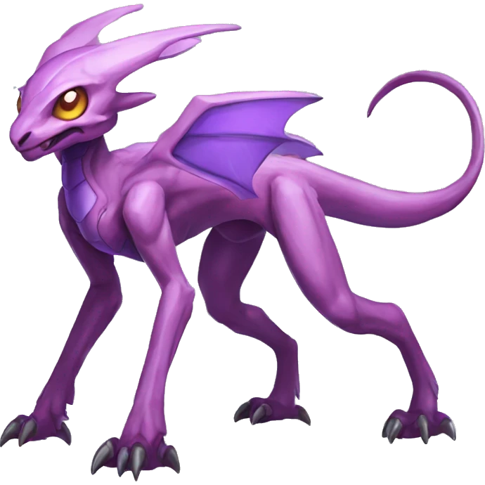 Mauve-violet-colored genesect-raptor-dragonkin-scalie-sona-Fakémon-hybrid with a mane on head and back full body emoji