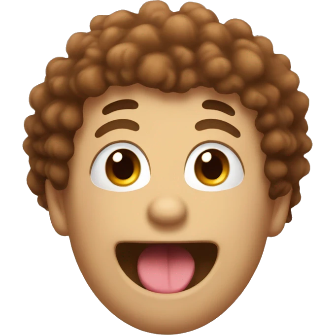 emoji with brown fluffy hair, a smiling mouth with a really big tongue emoji