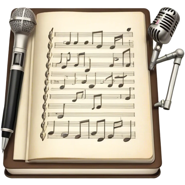 Create an emoji representing songwriting. The design should feature an open notebook or sheet music with visible lyrics between the musical notes, symbolizing the process of writing song lyrics. The text between the notes should be clearly visible. A pen or pencil should be placed near the notebook, indicating active writing. Optionally, include a vintage microphone lying beside the notebook (not on the music notes) to add a creative touch. Use a harmonious color palette with warm and neutral tones. Do not include any emojis or smiley faces. Make the background transparent. emoji