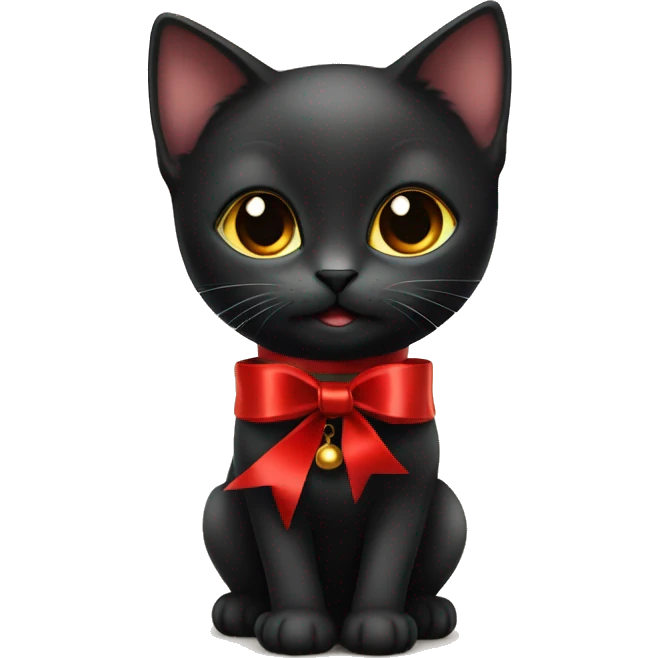 Elegant black kitten with red ribbon around its neck and a bell collar  emoji
