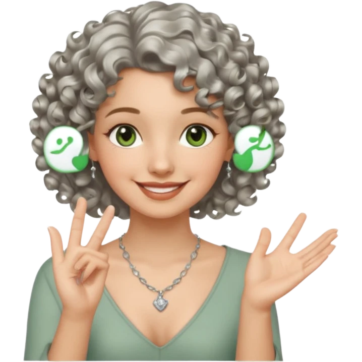 silver, short, wavy-haired with curls, smiling pretty lady, hopeful with fingers crossed on one hand, green/brown eyes emoji