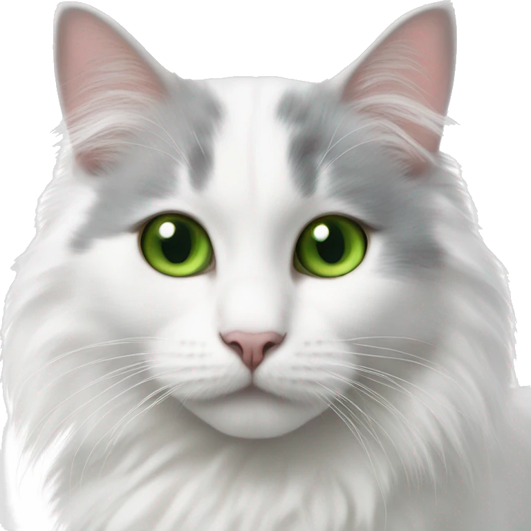 Fluffy white Turkish van cat with gray spot on next to right ear and green eyes emoji