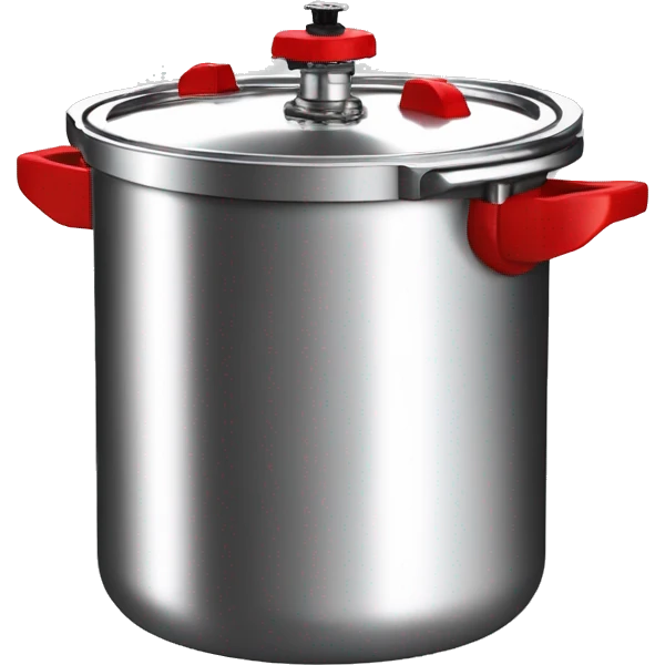 Stainless steel pressure pot, with black gights, lid with 3 clamps on the cover, red line on the knob emoji