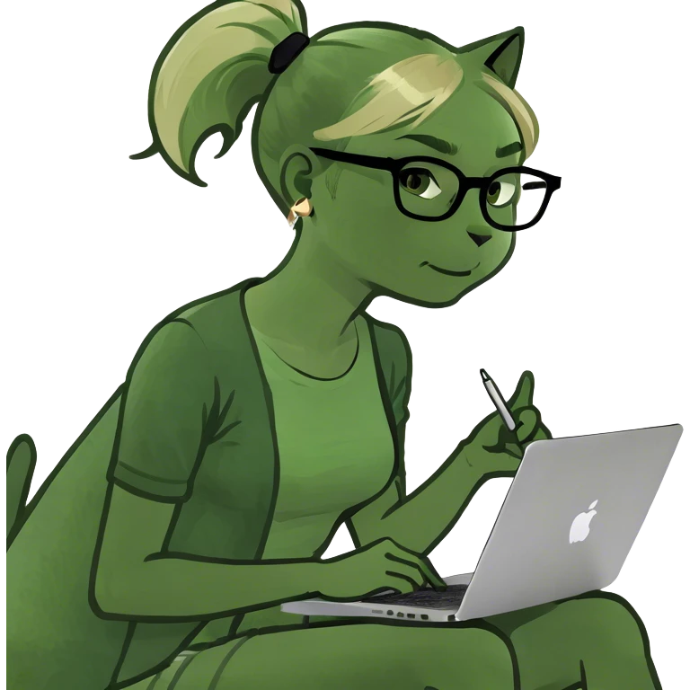 Blonde woman ponytail green eyes with cat and MacBook emoji