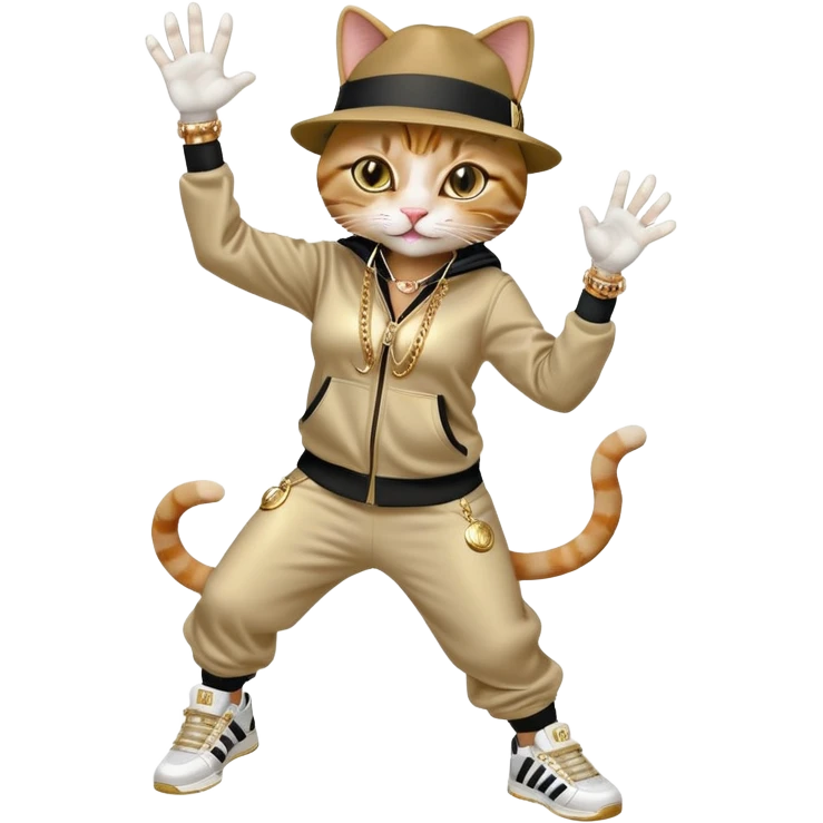 female cat wearing Run DMC hip-hop outfit with tracksuit, fedora, Adidas sneakers, many gold chains, rings, bracelets, flashy earrings, reaching up and catching a ball high in the air, no sunglasses emoji