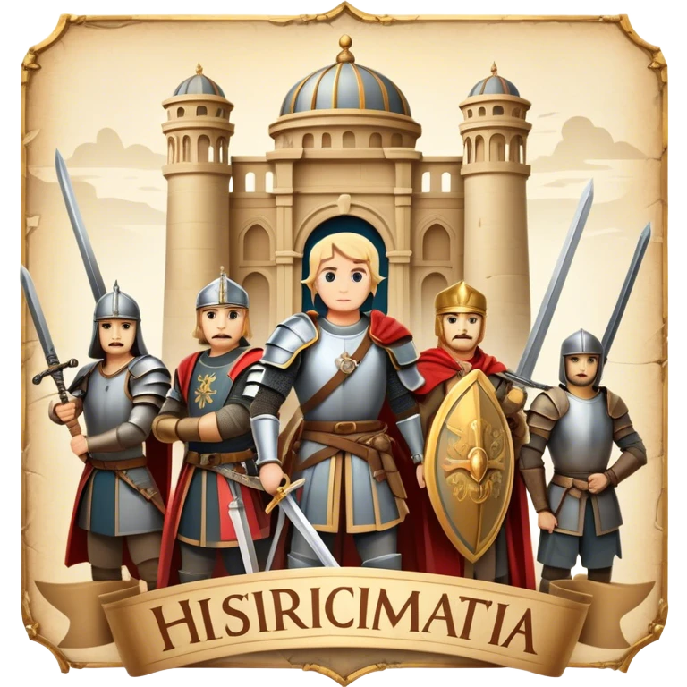 Icon for Historical Movies: A vintage movie poster-style design with elements of ancient architecture, historical figures in period costumes, and a backdrop of a historical event or battle. Include scrolls, swords, and shields. Retro cinematic feel. Transparent background. emoji