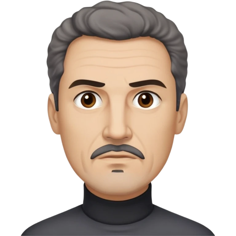Man in his 50s with light brown complexion. Strong square jaw. Stern dark eyes with intense gaze. Thick eyebrows in a focused expression. Black goatee with gray streaks. Short curly dark hair with receding hairline. No smile, authoritative look. Wearing a black turtleneck. emoji