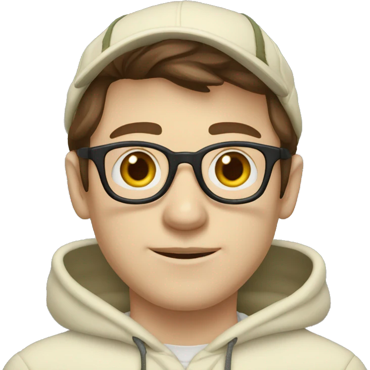 Man with brown hair and glasses wearing a cream hoodie, with a pale skin, and an university of oregon mesh hat emoji