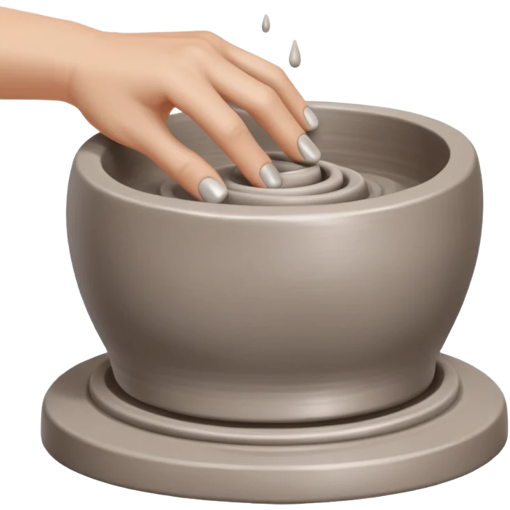 thumb pressing side of clay onto a silver pottery wheel, thumb at the bottom of the clay, pottery gesture emoji