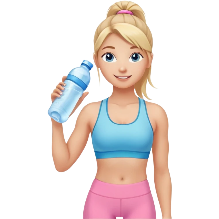Fit wellness girl – sun-kissed skin, high ponytail, bright blueish eyes, baby pink sports-bra + leggings, holding water bottle, calm confident smile emoji