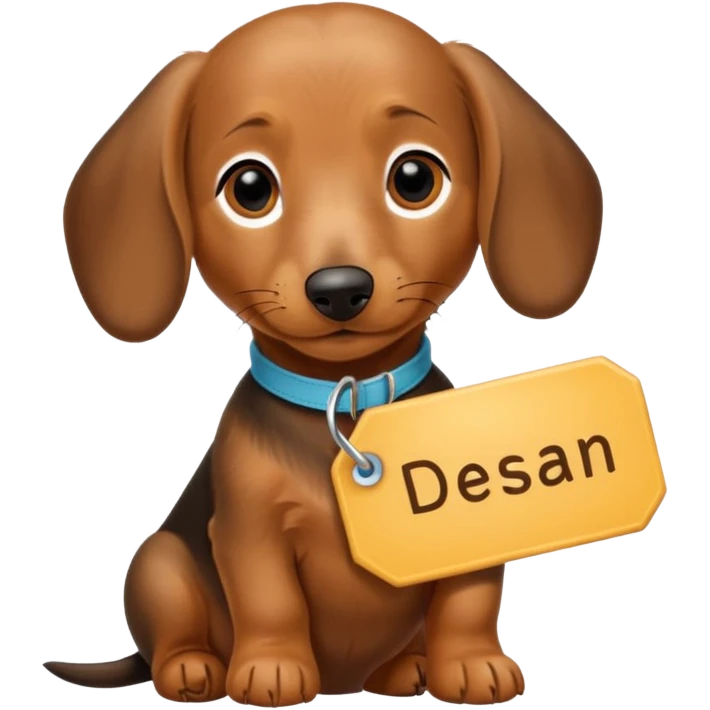Dachshund puppy with name tag that has the text DeSean on it emoji