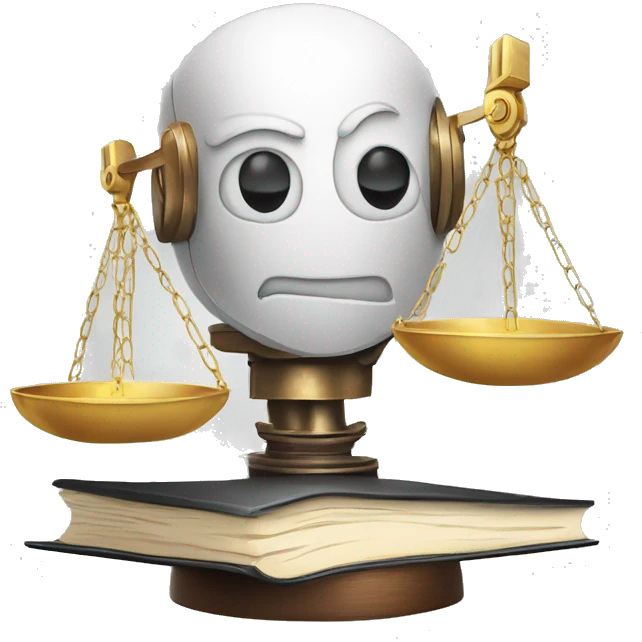 a balance of justice with a robot head in one side and a book on the other side emoji