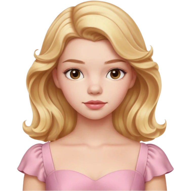 Cinematic Realistic Anya Taylor Joy Portrait, depicted with lifelike skin texture, subtle rosy undertones, and soft natural lighting that enhances the sweet blush contours of her face. Her intricately detailed golden blonde hair is elegantly wavy, and pink dress corquette emoji