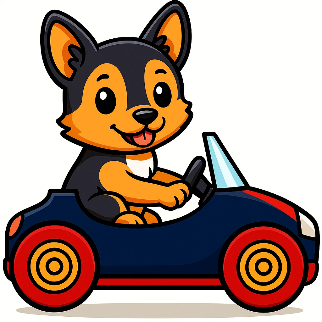 Change the racecar to dark blue and red, keep the black and tan terrier driving. The style is cartoonish sticker style. emoji