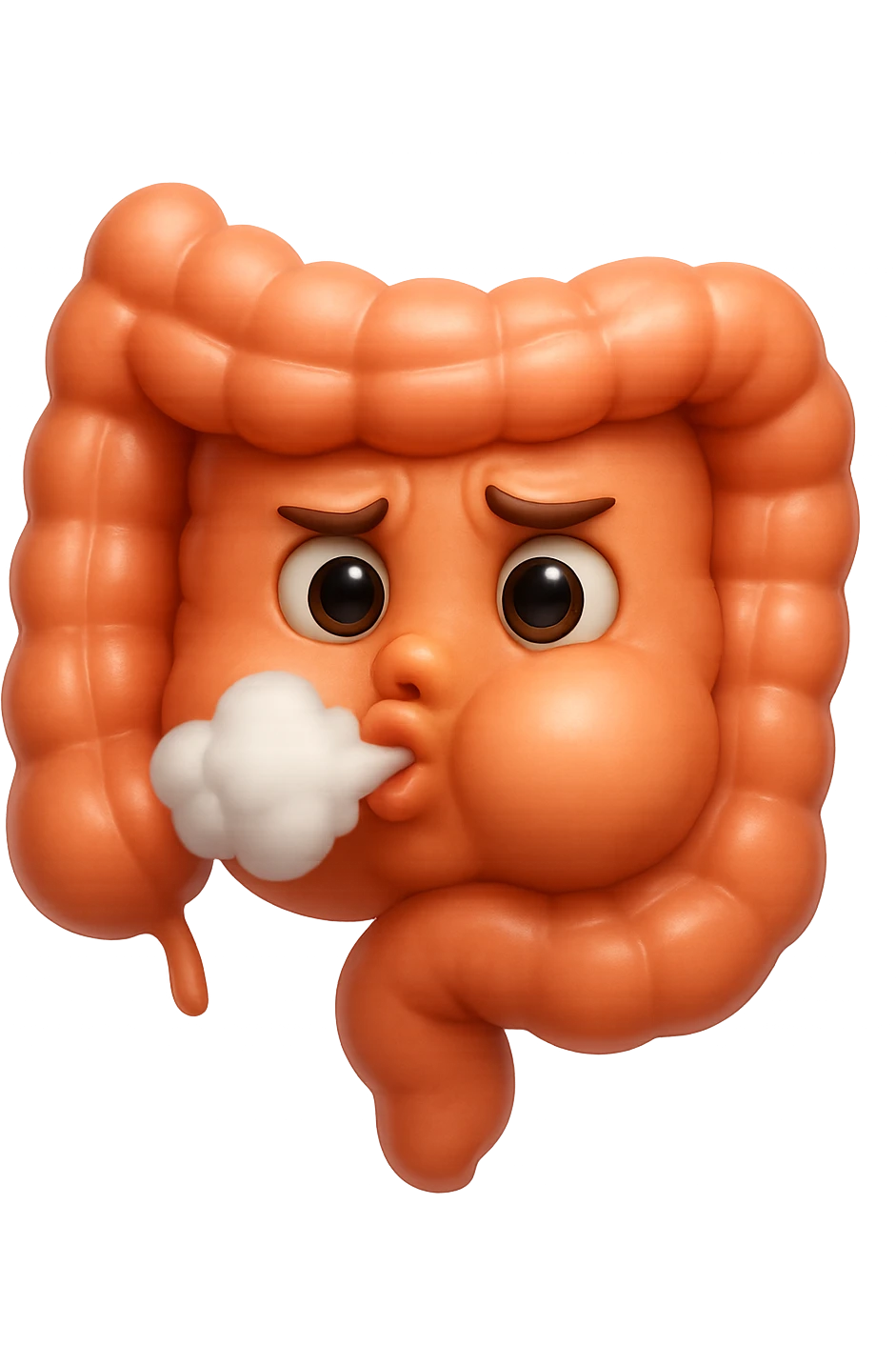 emoji stile iphone di un intestino che ingoia una nuvoletta di aria ben visibile e gli si gonfia la pancia, non fargli il naso, iperrealistico 4k emoji