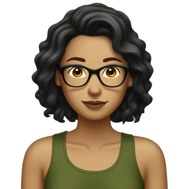 white skined woman with wavy long black hair with a olive green tank top with glasses tortoise  emoji