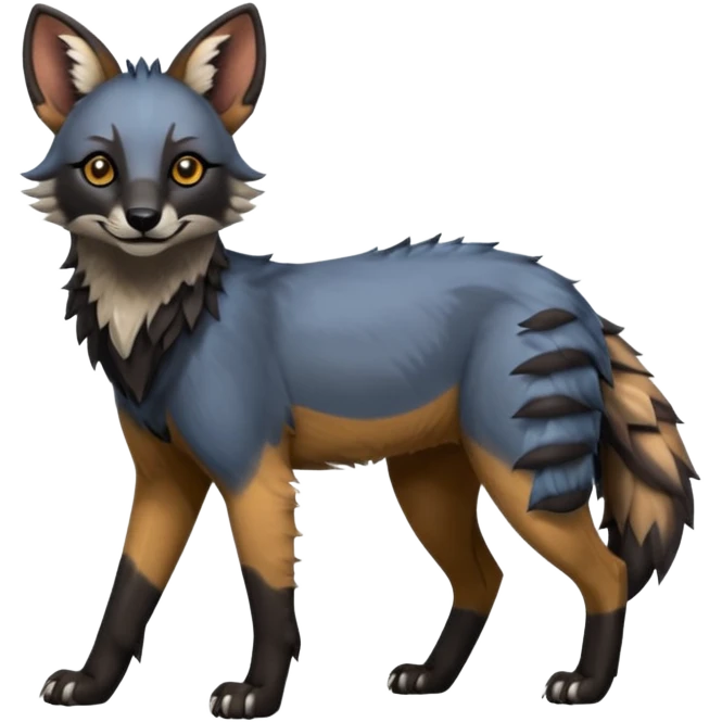 Realistic edgy cute cool bluish greyish blackish whitish silvery coppery Shiny Colorful Dusky Dark Gloomy Glossy Aardwolf-Maned-Wolf-Caracal-Lion-Bobcat-fusion-animal-hybrid-creature, full body, tufted ears, long thin tufted tail emoji
