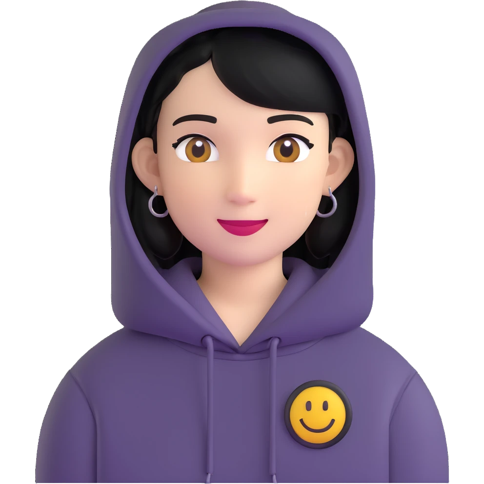 person with military cut black hair, brown eyes, wearing 2 circle earrings and a black hoodie with a smiley face emoji