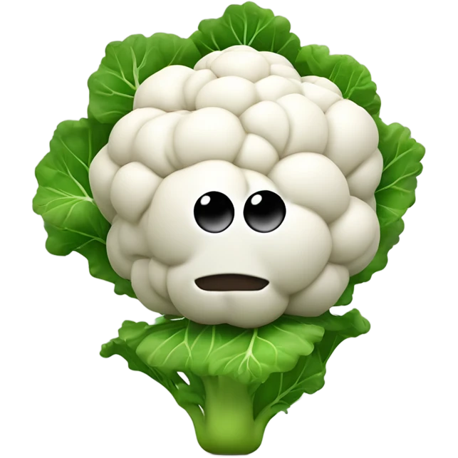 Create a 3D emoji of a cauliflower character with a mysterious face and big shiny eyes 👀. The character is surrounded by a few green leaves 🍃, has leafy hands holding a small mirror 🪞, and is floating in the air without visible legs. Background is white. emoji