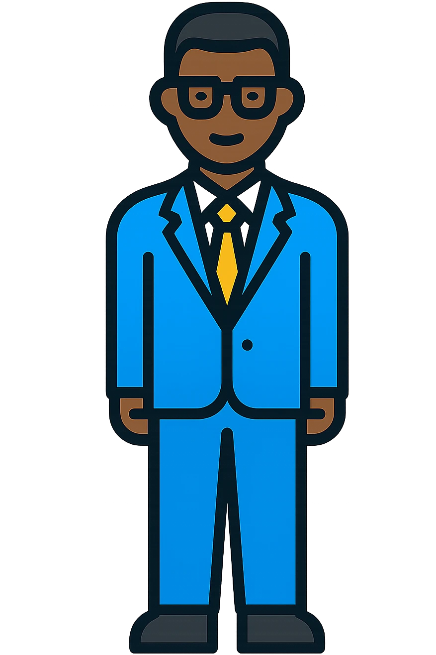 A dark-skinned man in a suit with glasses, full-length emoji